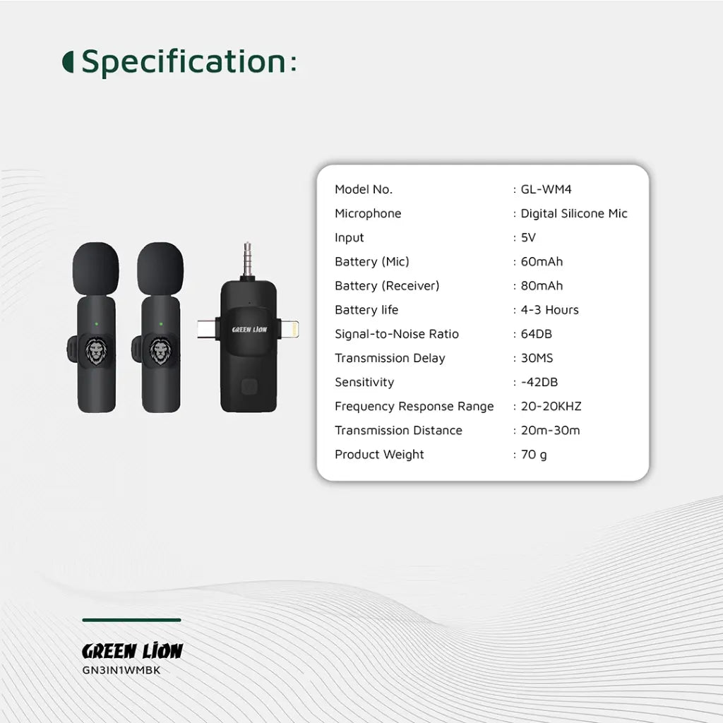 Green Lion 3 IN 1 Microphone Type-C / Lightning / Aux Green Lion 3 IN 1 Microphone Type-C / Lightning / Aux